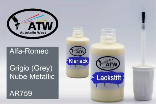 Alfa-Romeo, Grigio (Grey) Nube Metallic, AR759: 20ml Lackstift + 20ml Klarlack - Set, von ATW Autoteile West.